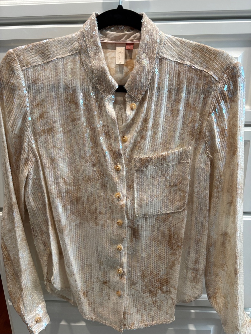 Pilcro Sequin-Trimmed Cream Button-Up Shirt
